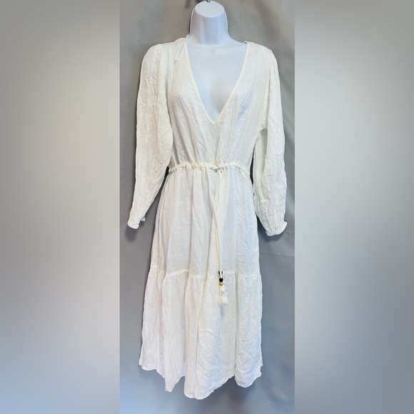 Joie Womens Linen Blend V‎ Neck Long Sleeves A Line Sun Dress White Size Large - Picture 1 of 11